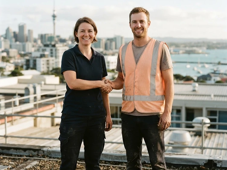 Two partners shaking hands on a commercial rooftop in Auckland