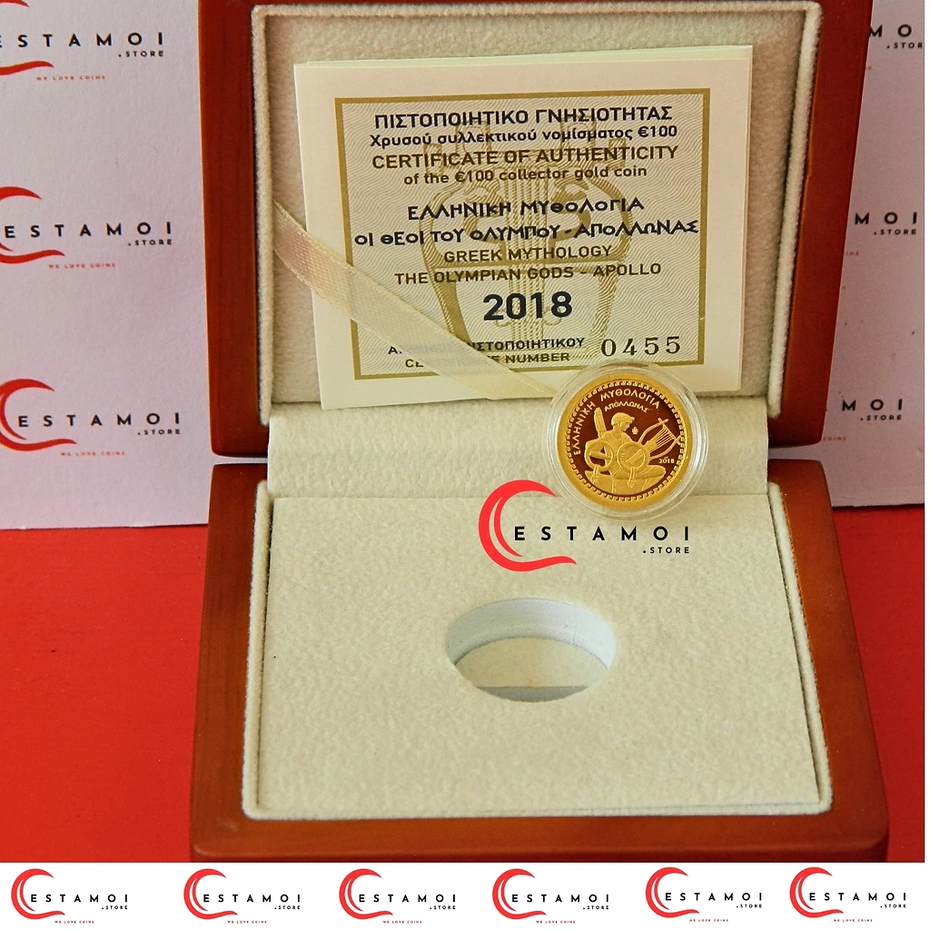 Greece 2018 €100 Greece, 2018, 100 Euro, Gold Coin,  Apollo: God of Light, Healing & Arts, Proof