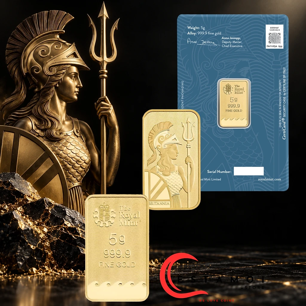 United Kingdim United Kingdom, The Royal Mint, Britannia, 5 g Gold Bar, Au999.9, Minted Bar