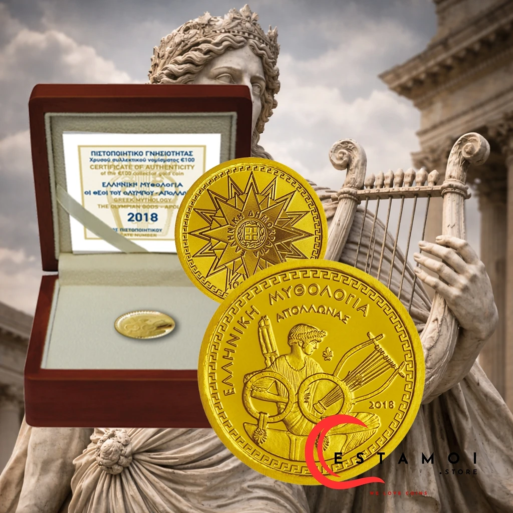 Greece 2018 €100 Greece, 2018, 100 Euro, Gold Coin, Apollo: God of Light, Healing & Arts, Proof