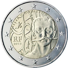 France 2013 €2 France, 2013, 2 Euro Coin,  UNC, 150 years. Pierre de Cubertin bimetallic