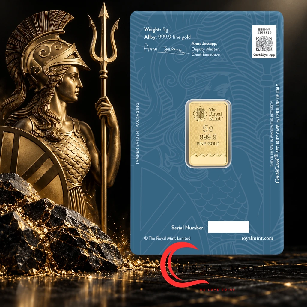 United Kingdim United Kingdom, The Royal Mint, Britannia, 5 g Gold Bar, Au999.9, Minted Bar
