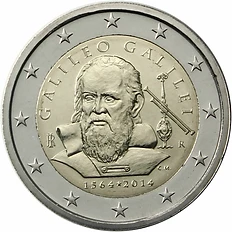 Italy 2014 €2 Italy, 2014, 2 euro, UNC 450th Anniversary of Galileo, bimetallic coin