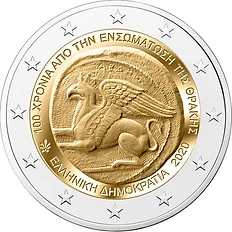 Greece 2022 €2 Greece, 2022, 2 Euro Coin, UNC, 100 Years Thrace and Greece Union bimetallic