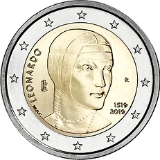 Italy 2019 €2 Italy, 2019, 2 euro coin, UNC, 500th of Leonardo da Vinci   bimetallic