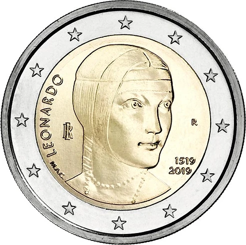 Italy 2019 €2 Italy, 2019, 2 euro coin, UNC, 500th of Leonardo da Vinci   bimetallic