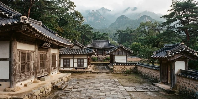 Illustrative atmospheric view of a Joseon-era seowon — a traditional Korean Confucian academy with tiled roofs, stone walls and a courtyard in the mountains of southern Korea