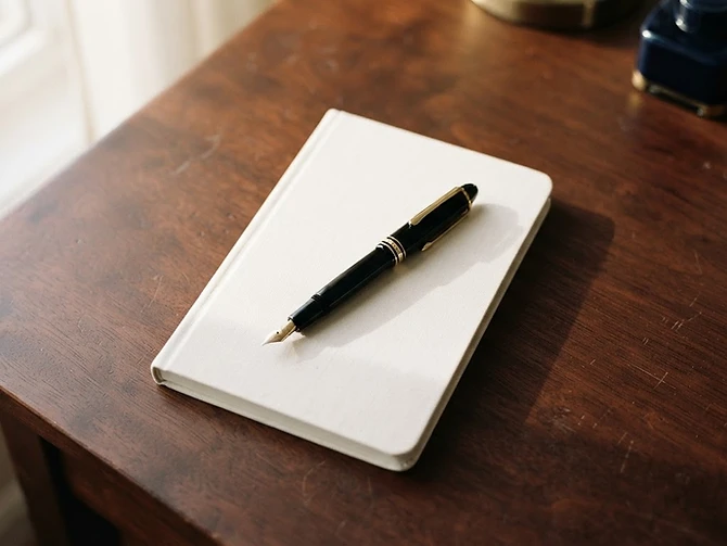 Minimalist mahogany desk met gouden vulpen — LifeDesk