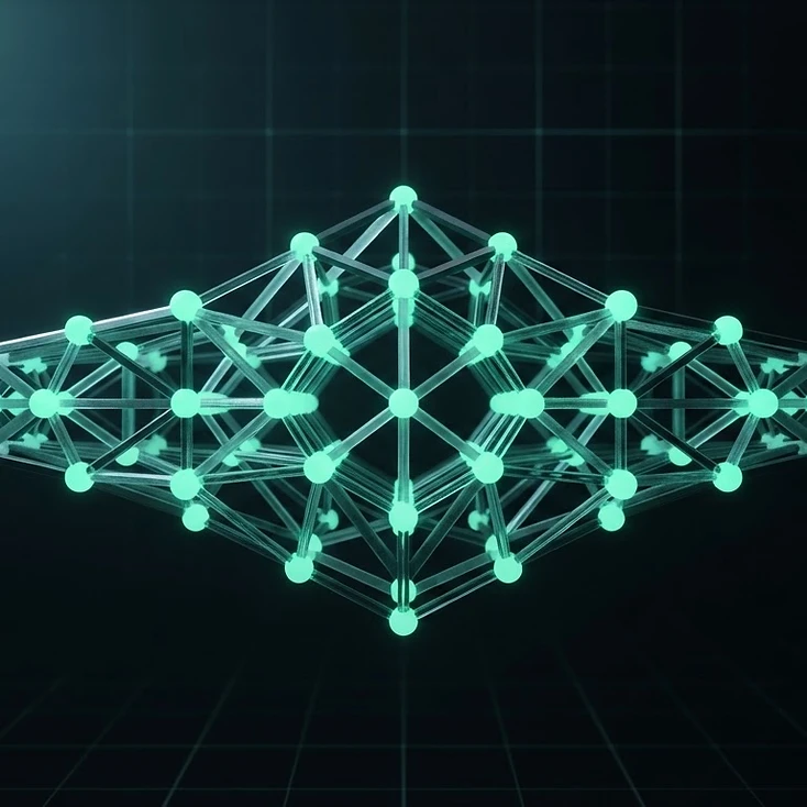 Interconnected glowing node lattice representing project flow