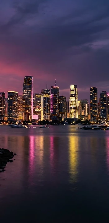 Miami skyline at dusk across Biscayne Bay