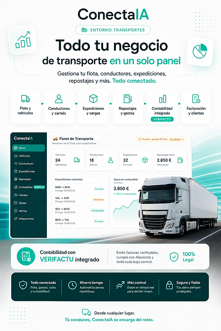 Entorno Transportes de ConectaIA: flota, conductores, expediciones, repostajes y contabilidad con VERIFACTU