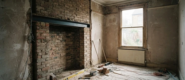 Victorian terraced living room mid-renovation with a steel beam installed above a removed chimney breast