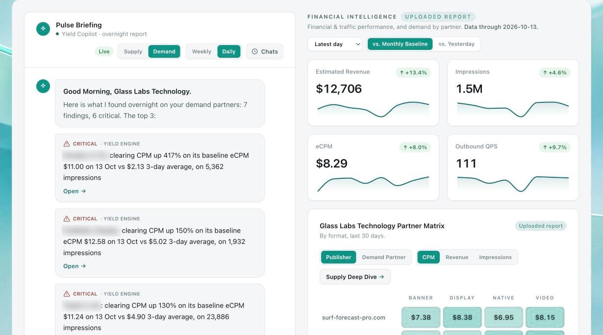 Glass Pulse overnight briefing with revenue, impressions, eCPM and QPS tiles