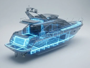 Diagram of a yacht highlighting deck, hull sides, stringers, and transom areas