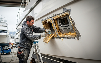 Workers cutting into a fiberglass boat hull during destructive tear-out repair