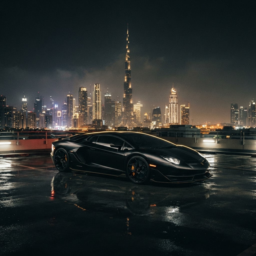 Luxury supercar at night with Dubai skyline