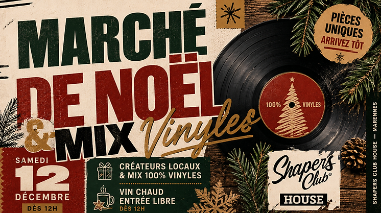 Affiche du Marché de Noël et mix vinyles au bar Shapers Club House à Marennes