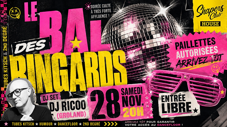 Affiche du Bal des Ringards avec DJ Ricoo au Shapers Club House à Marennes