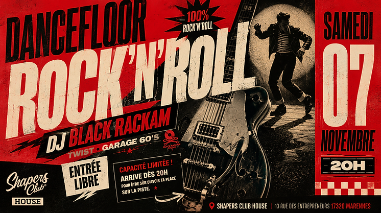 Affiche du DJ set rock de DJ Black Rackam au Shapers Club House à Marennes