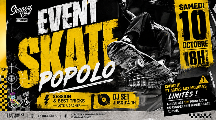 Affiche Event Skate Popolo, session skate et DJ set au bar Shapers Club House à Marennes