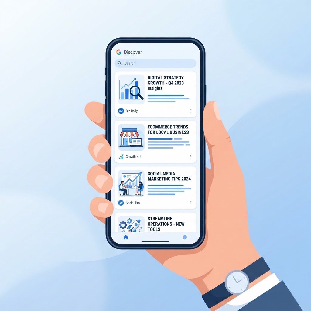 Smartphone displaying a personalised Google Discover feed with article cards