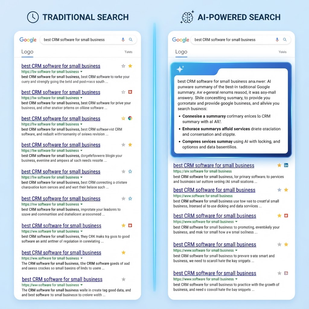 Comparison of traditional Google search results with blue links versus new AI-powered search results showing AI-generated answer boxes