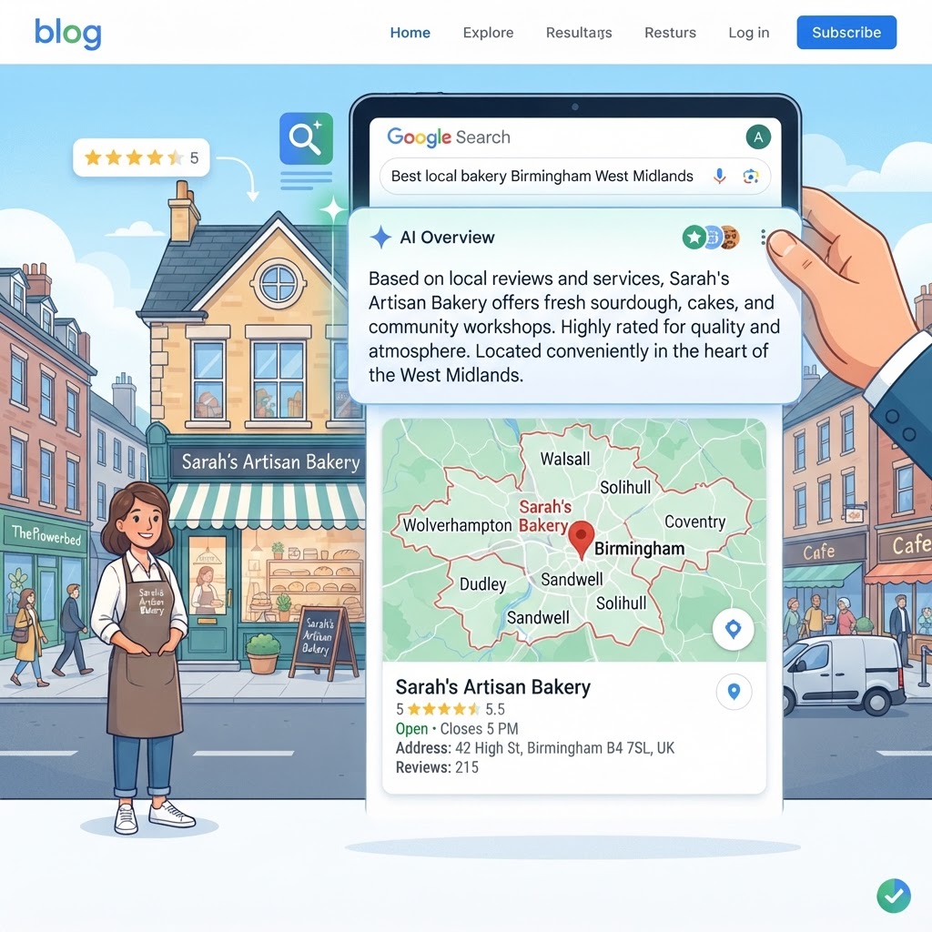 A local business in the West Midlands appearing in a Google AI Overview with map location highlighted