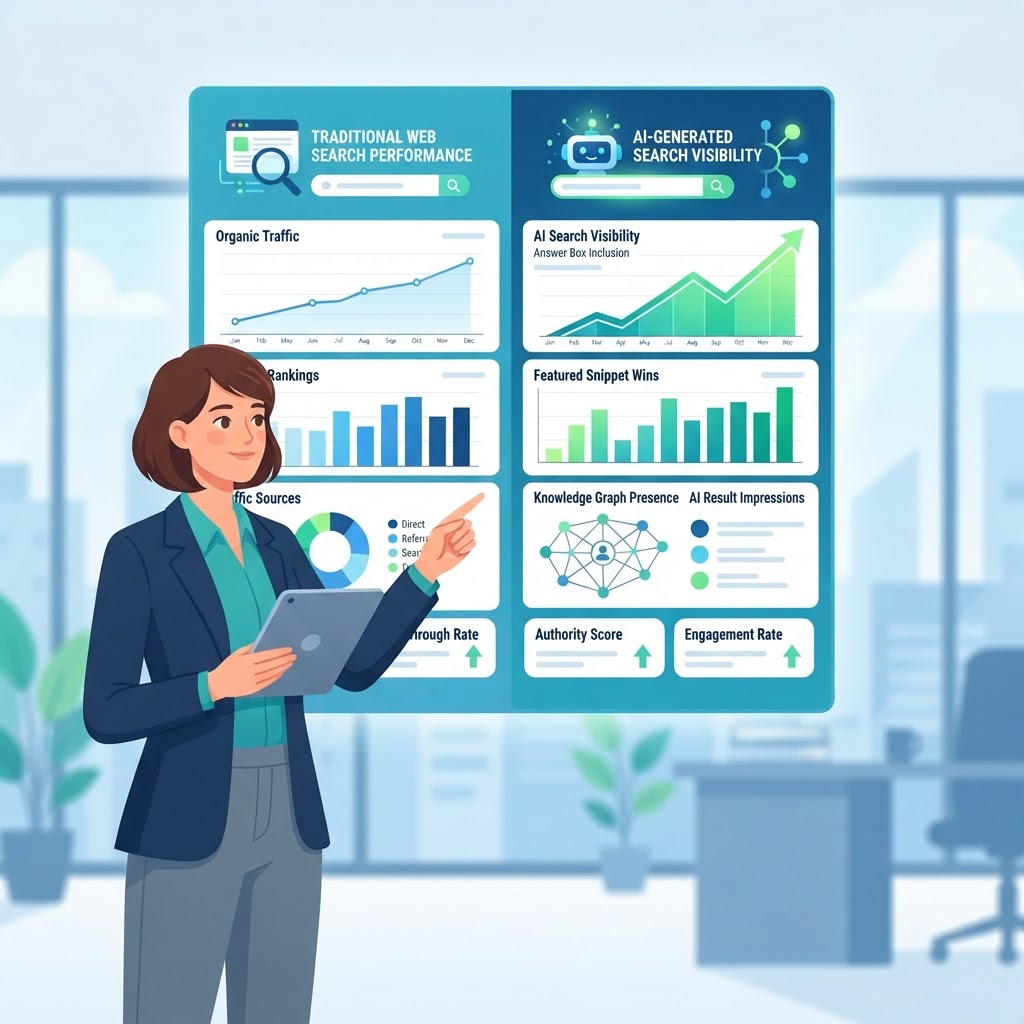 Business owner reviewing traditional search performance and AI-generated search visibility on two analytics panels