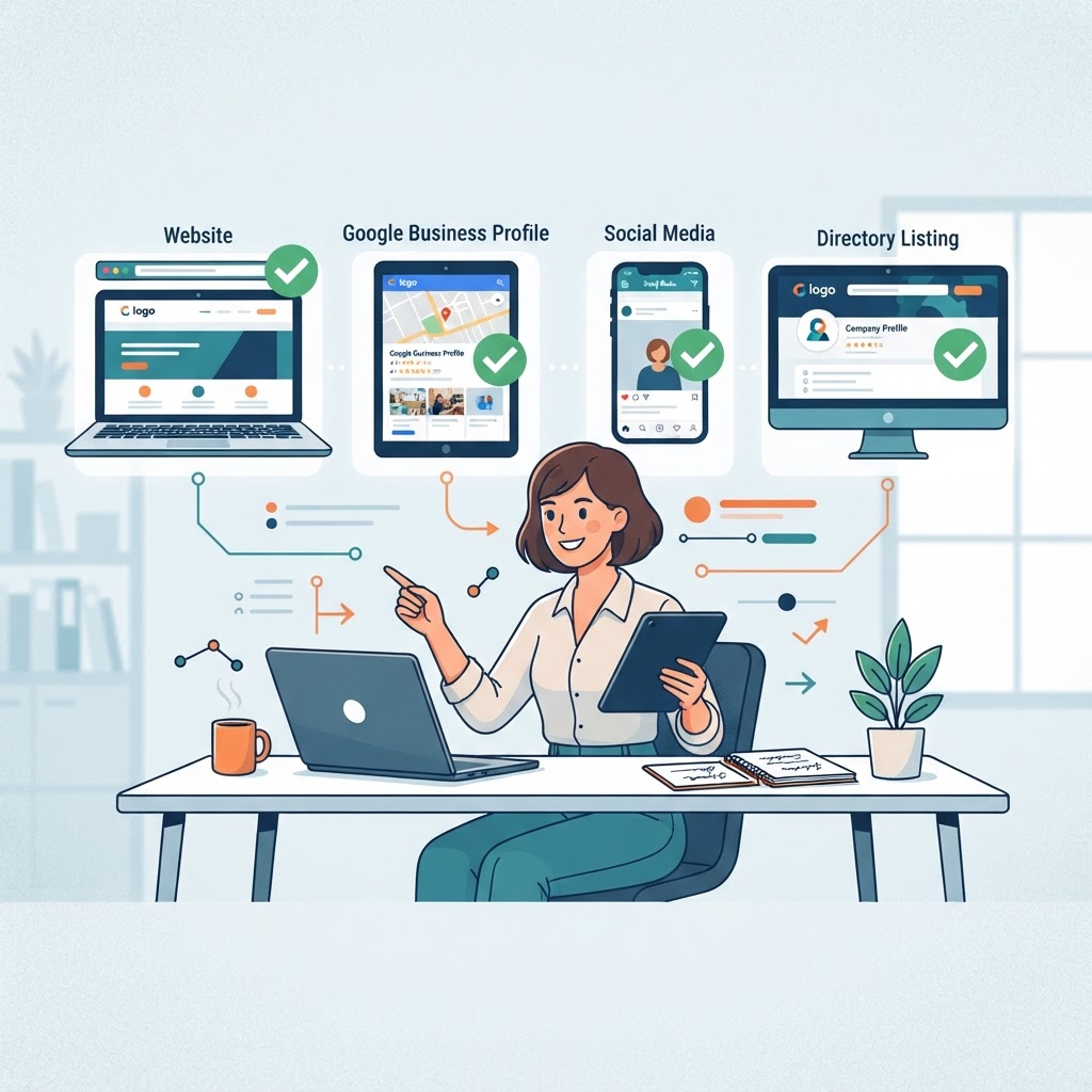 Small business owner checking matching brand details across a website, Google Business Profile, social media and directory listings