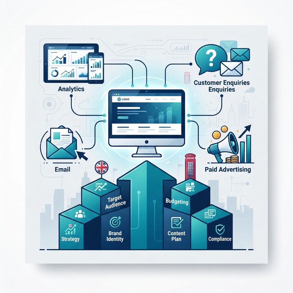 Illustration of a small business website connected to analytics, enquiries, email and advertising channels through an organised foundation