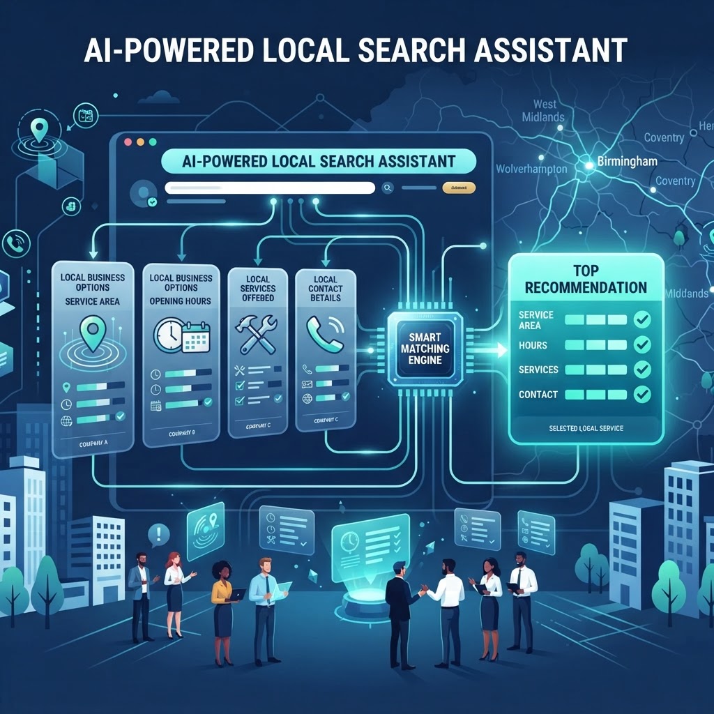 AI-powered local search comparing matching business services, location, opening hours and contact information before making a recommendation