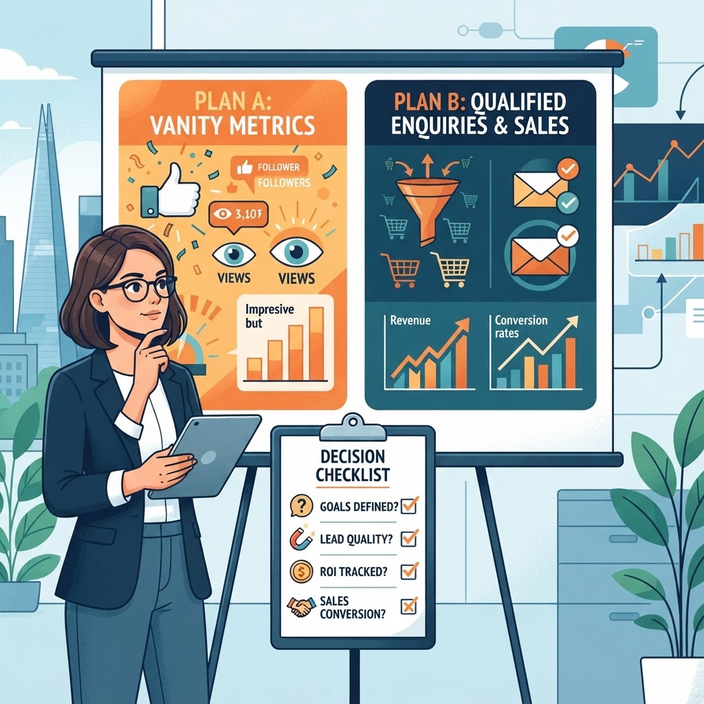 Small business owner comparing marketing activity based on vanity metrics with a plan focused on qualified enquiries and sales
