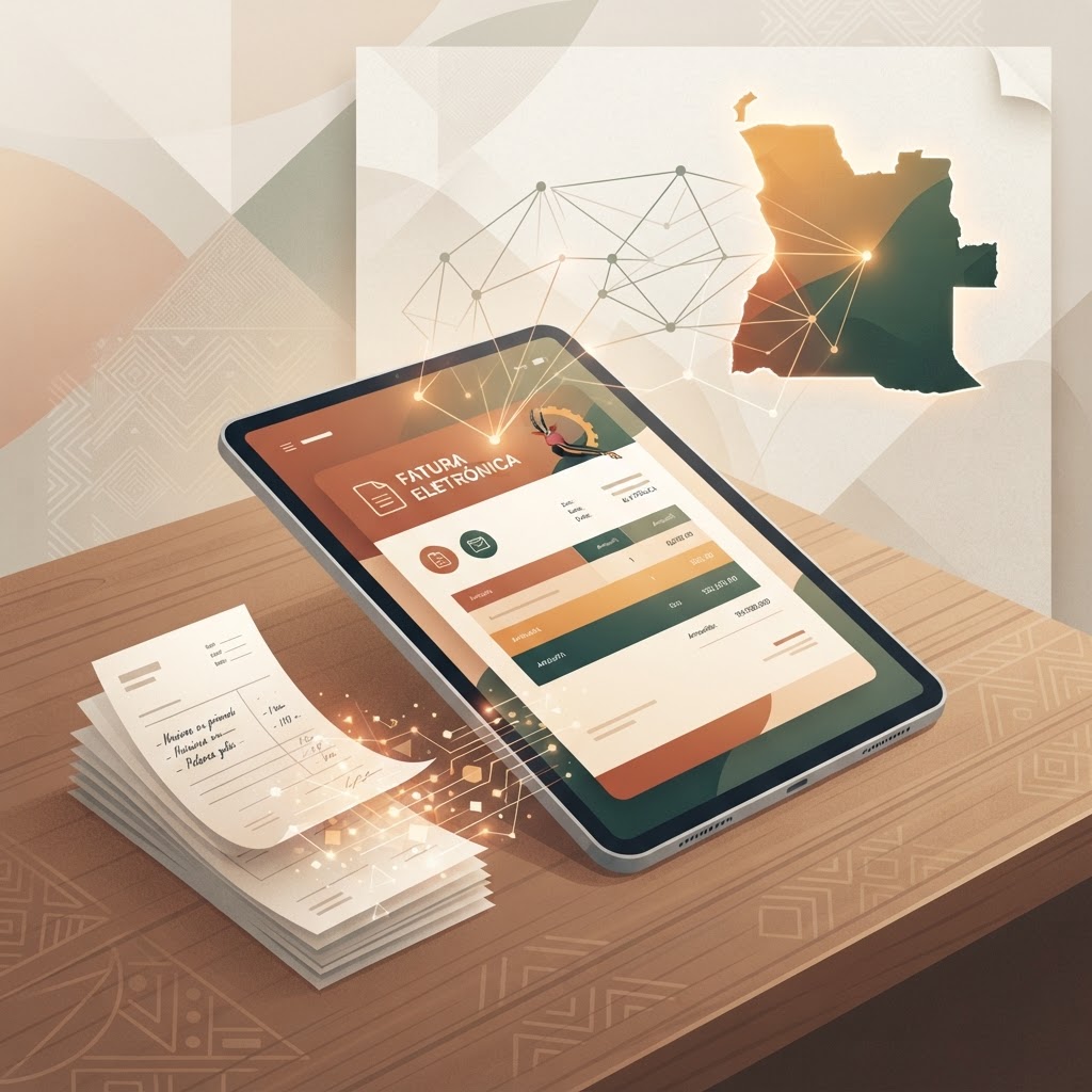 Ilustração representando a transição da facturação em papel para a facturação electrónica em Angola