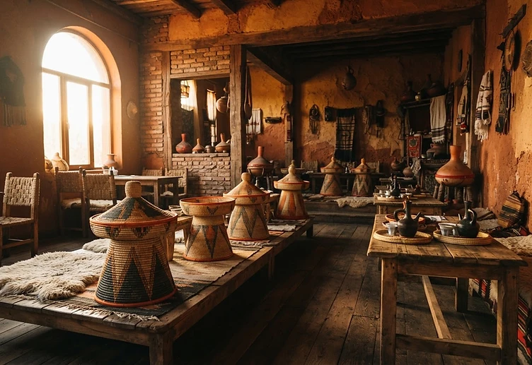 Enatye dining room with woven mesob baskets