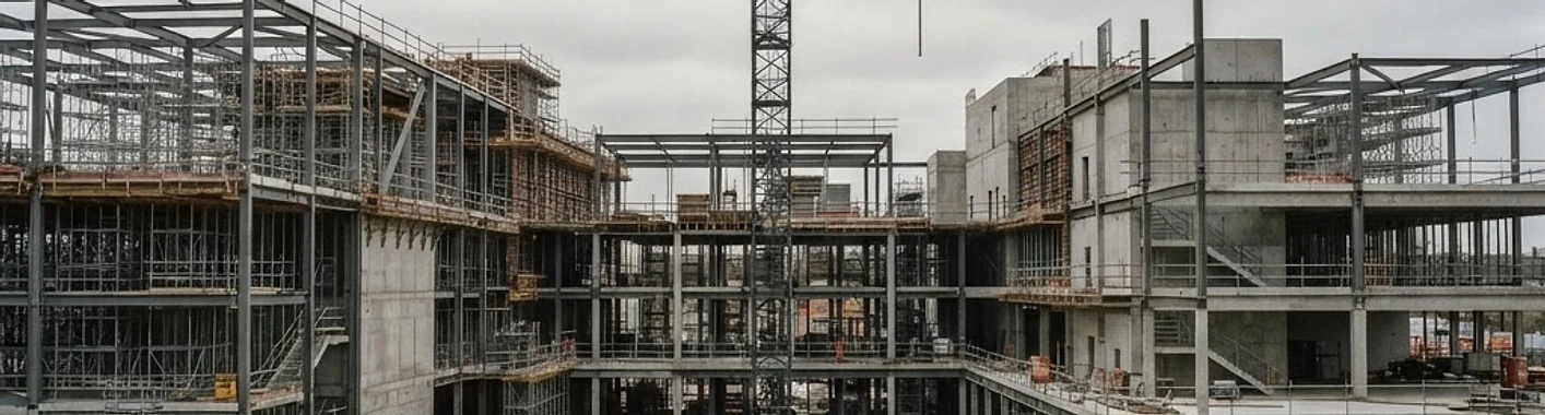 Infrastructure construction site with steel framework and tower crane