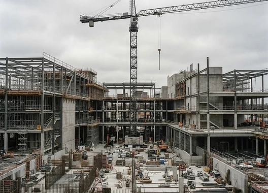 Infrastructure construction site with steel framework and tower crane