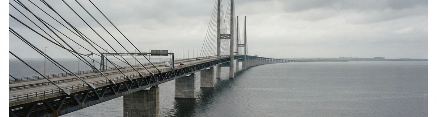 Long steel bridge crossing a muted landscape