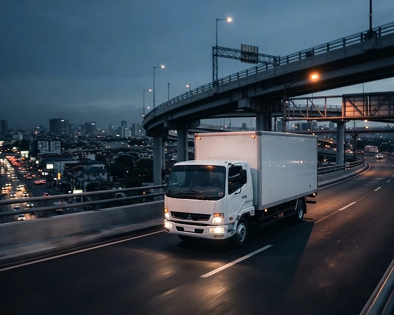 KCervantes delivery truck on Metro Manila highway at blue hour