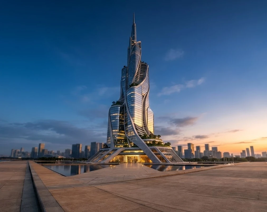 Futuristic carbon-neutral skyscraper at dawn