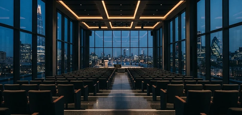 Modern glass-walled conference hall in London at evening