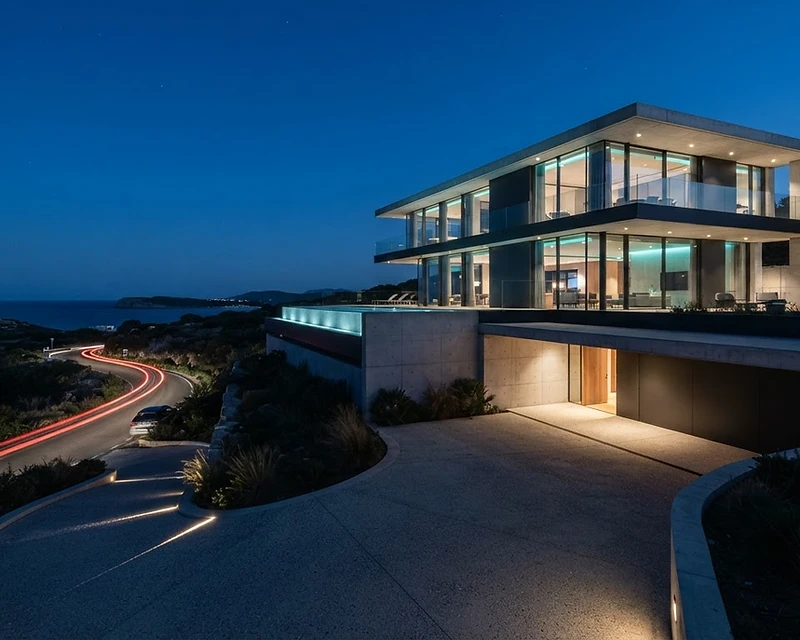 Modernist concrete and glass villa at twilight