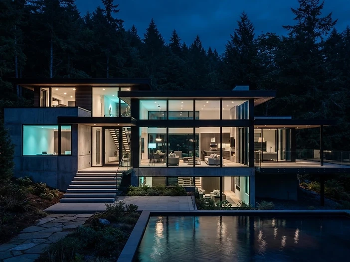 Glass and concrete home illuminated at night
