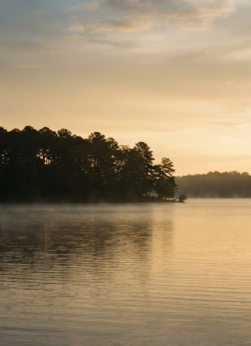 Calm waters of Lake Norman, North Carolina at golden hour