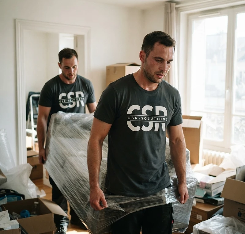 Moving team carrying boxes and furniture in a bright apartment