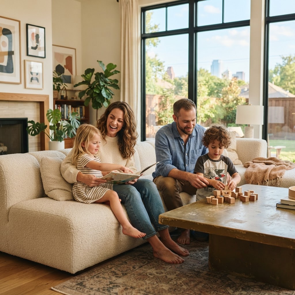 A family spending time together in a sunlit Austin home