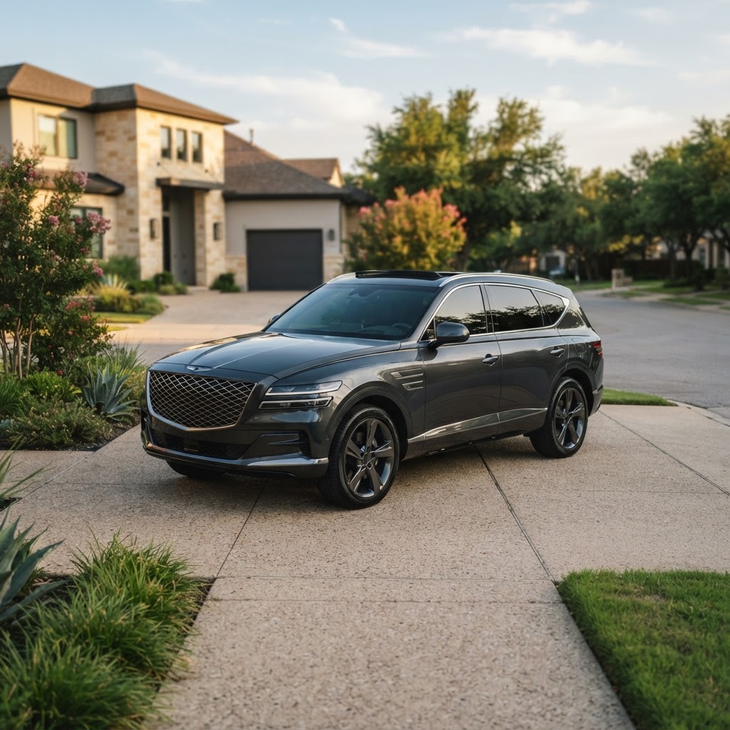 A vehicle in a clean Austin residential driveway