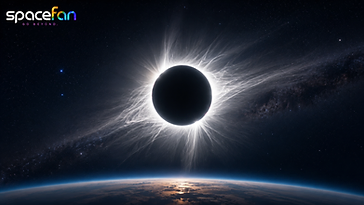 Total solar eclipse with a brilliant white corona suspended above the curved horizon of Earth viewed from space.