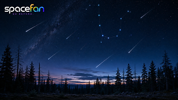 Meteor shower and highlighted constellation above a dark evergreen forest under a deep blue star-filled sky.
