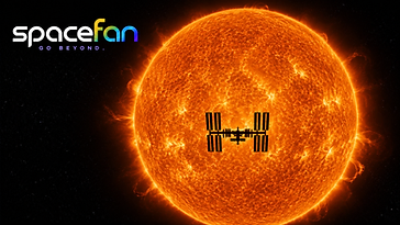 Silhouette of the International Space Station crossing in front of the bright orange Sun.
