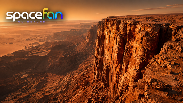 A Mars canyon at sunset showing deep valleys and ridges.